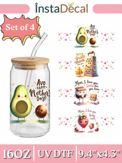4pcs/Set 16oz Glass Cup Wrap UV DTF Transfer Sticker (9.4x4.3in) No Heat Needed, Funny Mother's Day Pun Avo Happy Grate Mom, Smore Berry Much Love Kawaii Food Graphic, Waterproof Rub On Decal For Libbey Can Tumbler DIY Gift