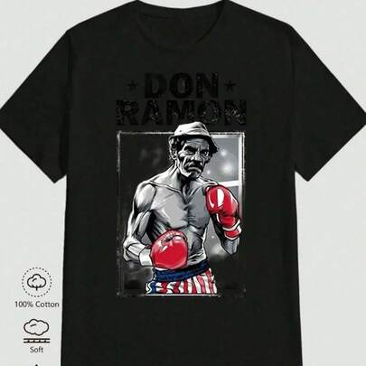 1 camiseta de hombre, pantalones de hombre, bóxer Don Ramón 180g con estampado de  blanco y negro, cuello redondo básico de alta calidad, corte holgado, transpirable, lavable a máquina, cómodo, versátil, tallas S ~ 3XL, Imagen de verano. Buen regalo de Halloween