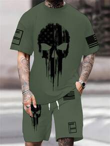 Men's Casual Crew Neck T-Shirt Set, Polyester Knit Fabric, Slight Stretch, Regular Fit, With 3D Skull Print And Patriotic Shoulder Stripes, Suitable For Novelty Patterns - Multicolor - View 6
