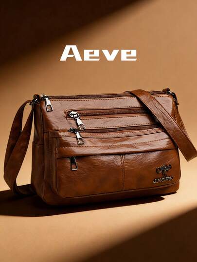 优雅女士纯色黄棕色复古斜挎包，多拉链口袋，仿袋鼠金属Logo装饰，可调节肩带，小巧别致的方形包身，时尚休闲百搭，适合购物、约会、度假、通勤、公园散步、下午茶等场合，也是送给妈妈的理想礼物。