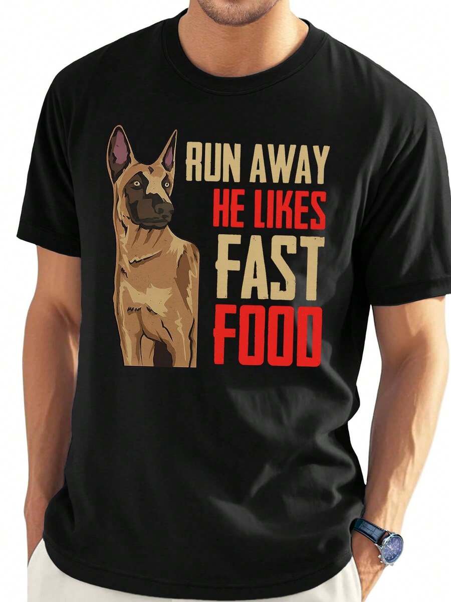 Corre, le gusta la comida rápida - ¡Cuidado con el perro! Camiseta de manga corta para hombre, roja, negra, gris. - Negro - Ver 1