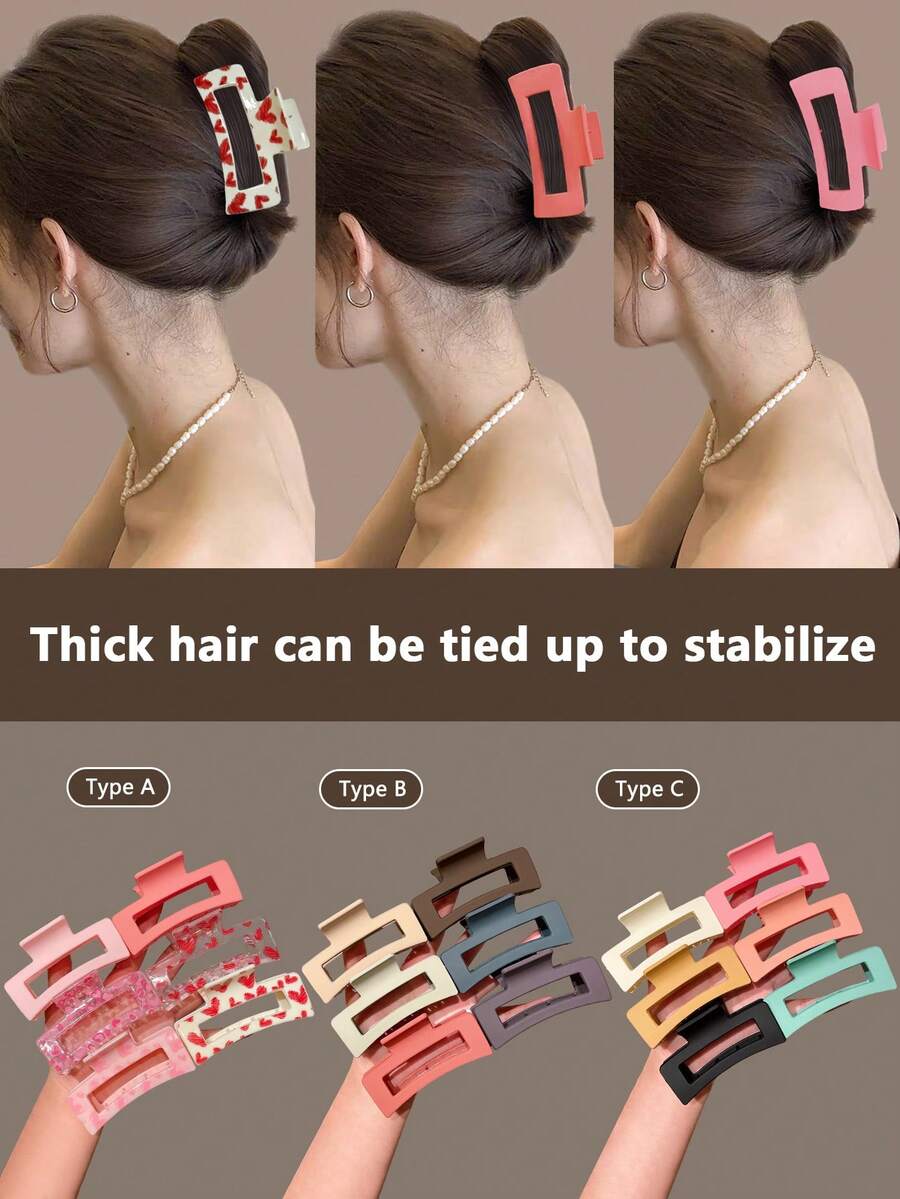 6pcs Women's Minimalist Solid Color, Fashion Heart Transparent Print Basic Large Square Hair Claw Clips, Elegant Hair Claw Ponytail Clips, Suitable For Dates, Beach Vacations, Dresses, Daily Outings, Hair Decor Accessories, Gift For Girlfriend, Festivals, Daily Use, Recommended! Summer Outfits Hair Clips