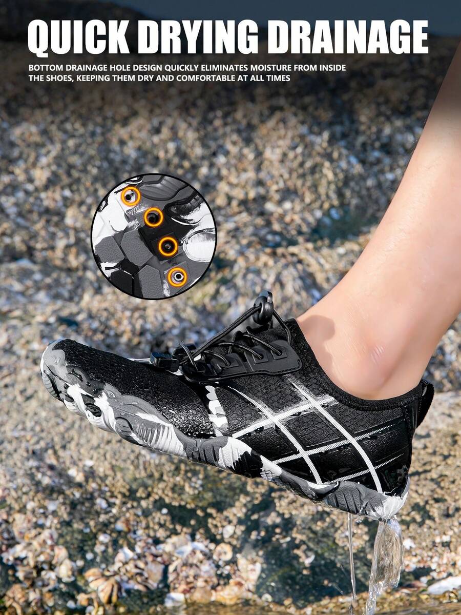 1 Pair Geometric Pattern Woven Lace-Up Men's Water Shoes, Outdoor Summer Fitness Barefoot Shoes - Black - View 1
