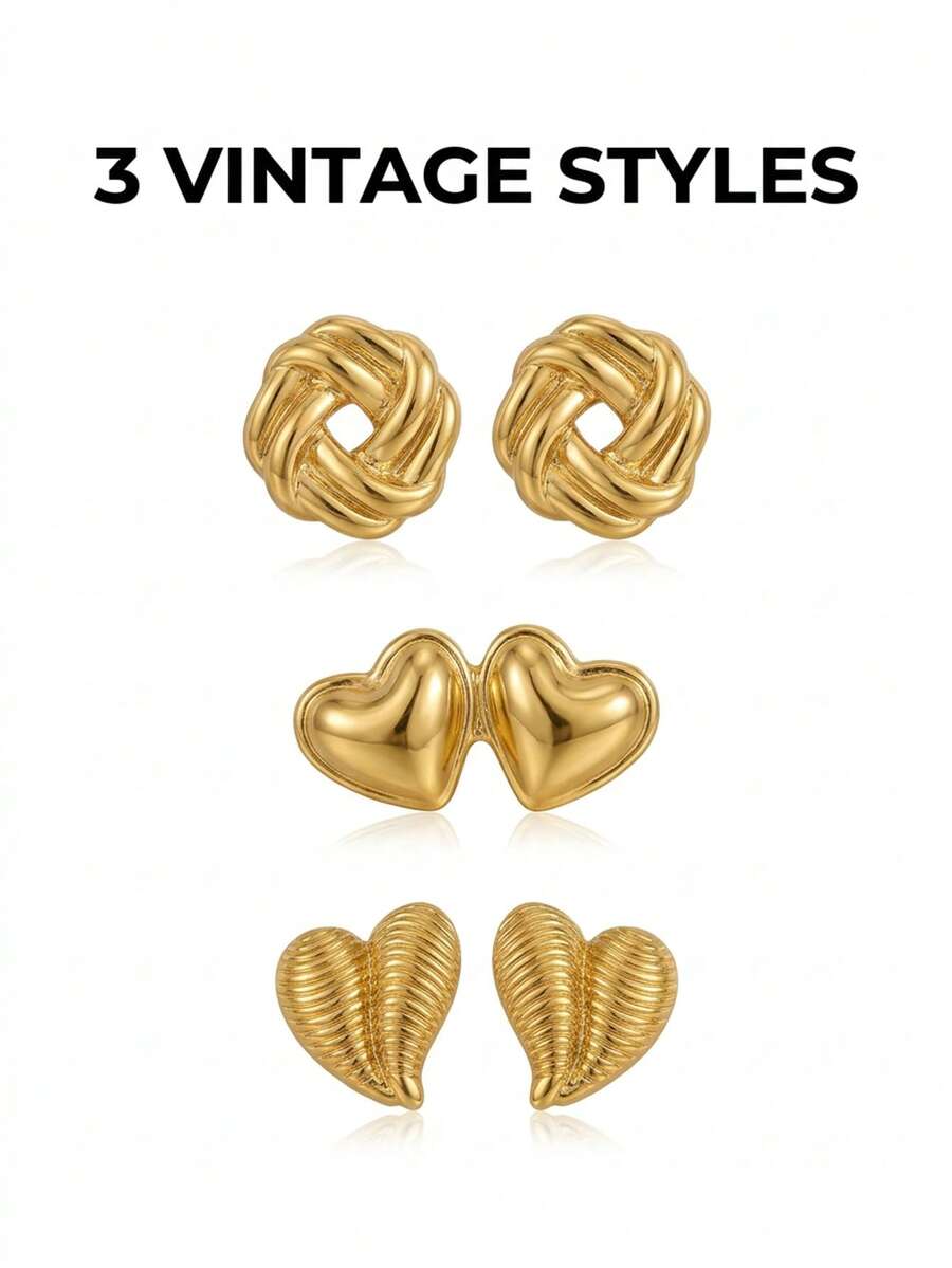 Tiêu đề: 1 Đôi bông tai đinh tán mạ vàng 18K kiểu cổ điển dành cho nữ, hình trái tim đôi nối liền & hình tròn thắt nút & họa tiết gân nổi, trang sức không gây dị ứng, không bị xỉn màu/kiểu cổ điển, bông tai dành cho nữ, bông tai, bông tai vàng nữ - Khuyên tai vàng - Xem 1