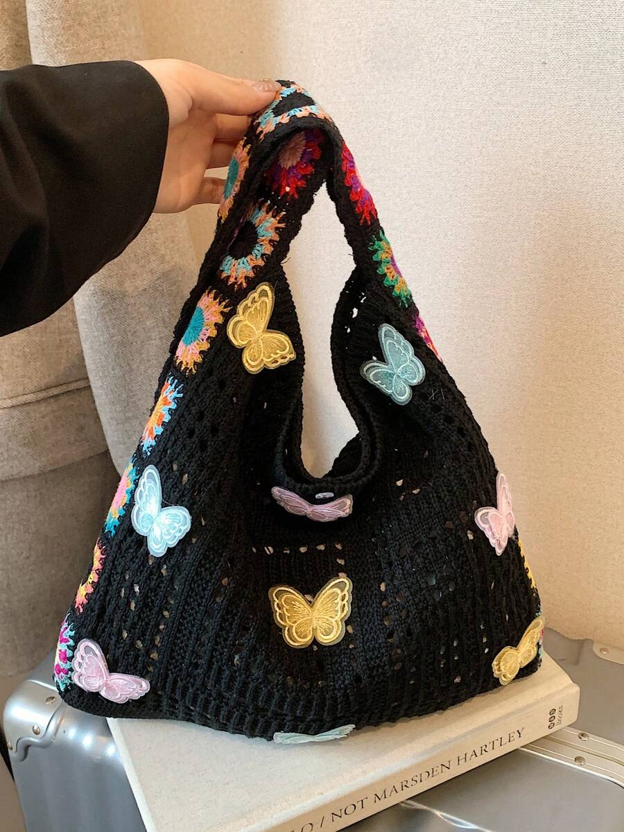 Dedoo Túi đeo chéo cổ điển rỗng ruột, họa tiết hoa tương phản màu sắc (Vị trí hoa ngẫu nhiên) (Màu/họa tiết dây đeo ngẫu nhiên)