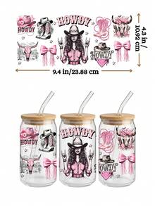 4pcs/Set Western Cowgirl & Rodeo UV DTF Transfer Stickers For 16oz Libbey Glass Cups (9.4x4.3in), Howdy Boots Skull Pink Bows Turquoise Waterproof Wraps, Wild West Aesthetic Decals No Heat Needed - Western Cowgirl 01 - View 6