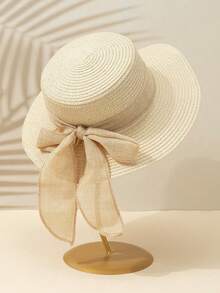 1pc Women's White Fashionable Versatile Flat Top Linen Bow Ribbon Sun Hat, Suitable For Beach Travel And Vacation - Multicolor - View 1