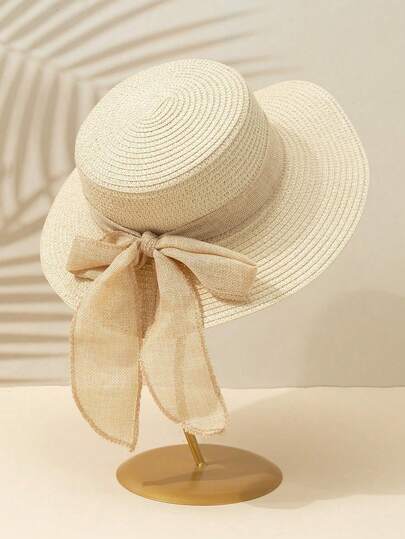 1pc Women's White Fashionable Versatile Flat Top Linen Bow Ribbon Sun Hat, Suitable For Beach Travel And Vacation