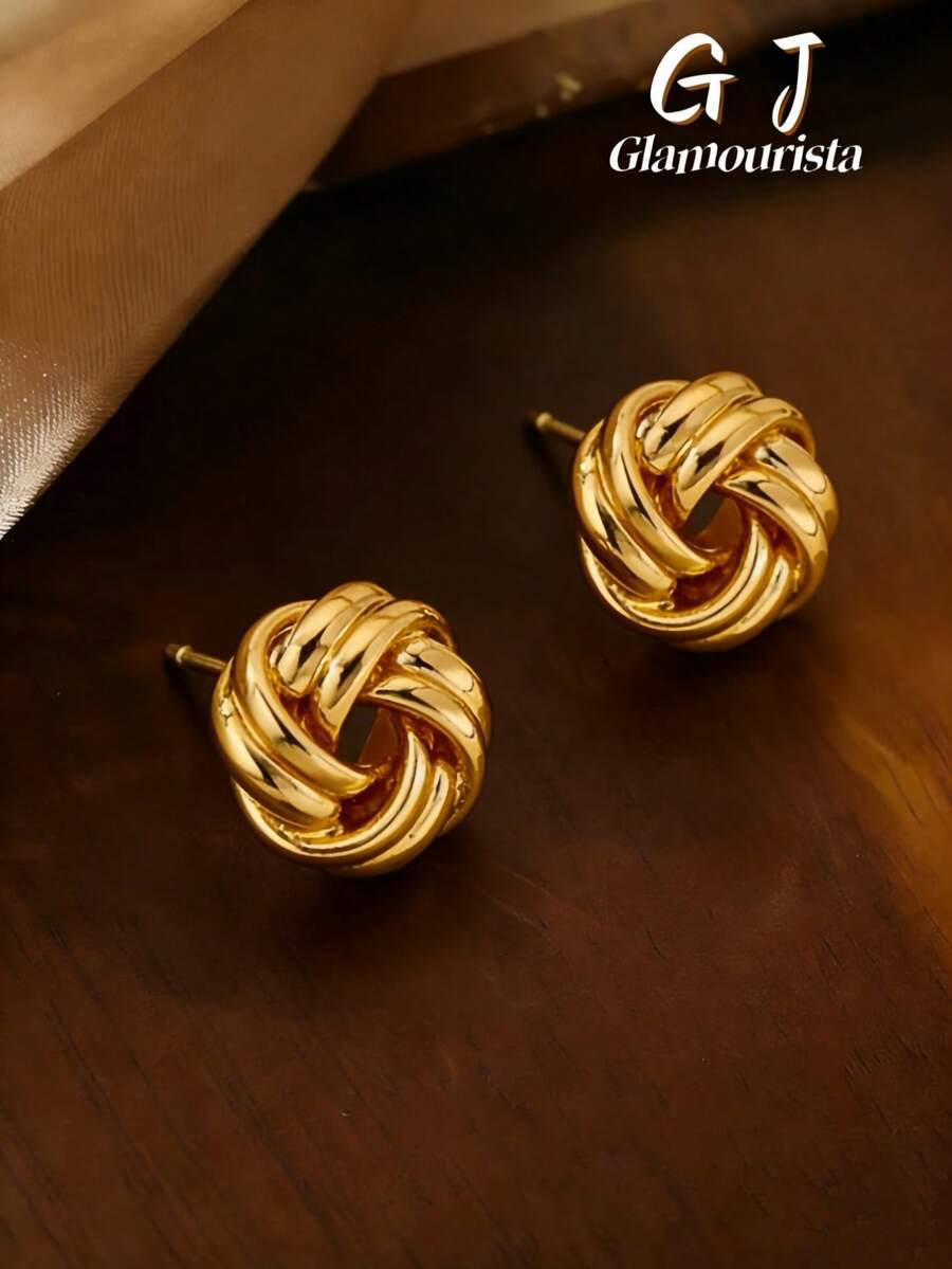 1 Pair Delicate Niche Petite Fashion Versatile Textured Knot Stud Earrings, Suitable For Women's Daily And Holiday Wear - Gold - View 1