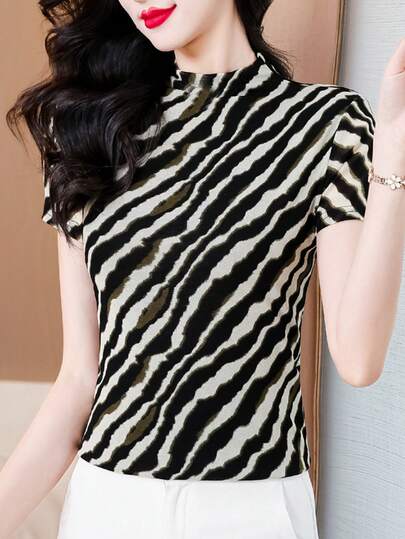 Women's Vintage Zebra Print Turtleneck Short Sleeve Fitted T-Shirt, Stretchy Slimming Elegant Early Spring Commute & Date Wear, Inner Or Outer Layer Vacation