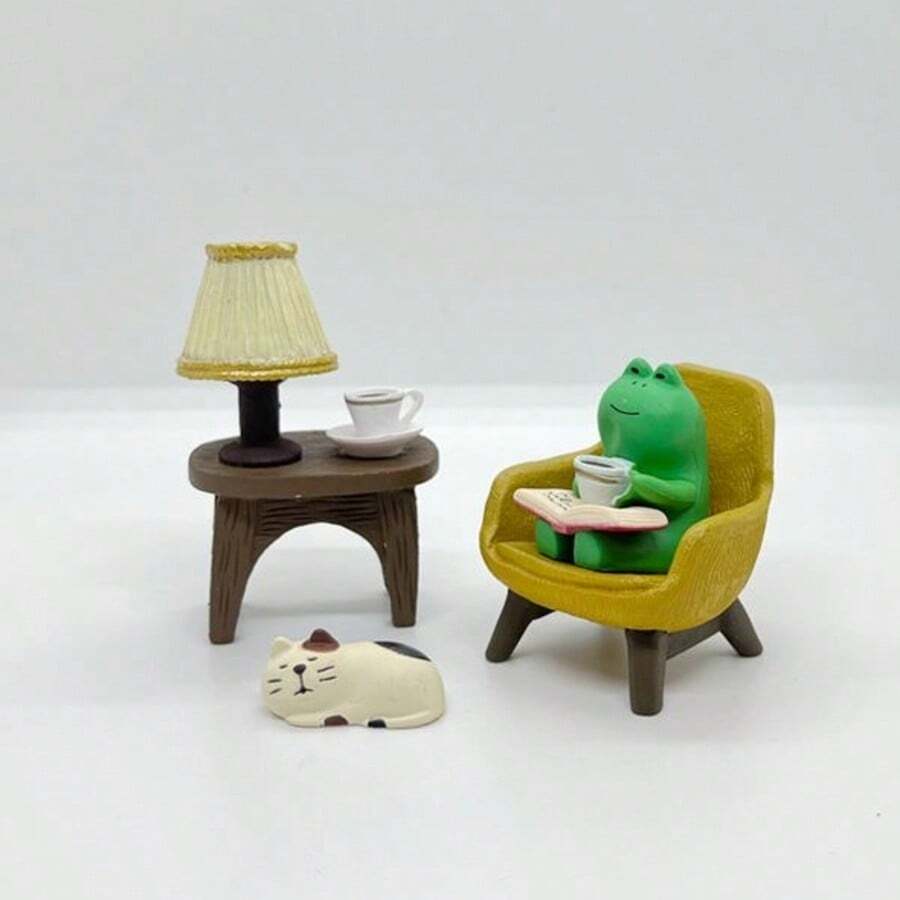 1 pieza Mini figura decorativa de escritorio de rana, escultura de rana interesante, ornamento de gato de dibujos animados/silla mecedora/sofá, adecuado para estantería, decoración de coche, mejor regalo para novio/novia, regalo divertido