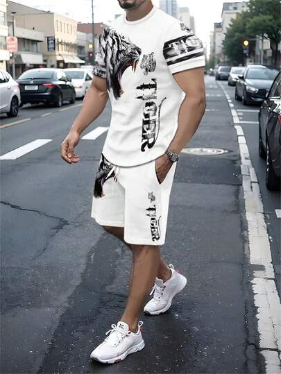 两件套3D印花时尚夏季套装 - 短袖圆领T恤和带实用口袋的抽绳短裤，打造清爽舒适的造型