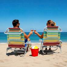 - Silla de Playa Plegable con 5 Posiciones Ajustables Soporte para Vasos Bolsillos de Almacenamiento Correas toallero Almohada Silla de césped Plana para Patio al Aire última - raya de color - Ver 2