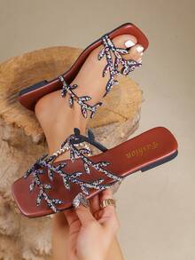 Sandalias planas con puntera cuadrada y hojas con rhinestones para mujer, estilo elegante y lujoso adecuado para uso diario, citas, fiestas y vacaciones - Sandalias planas con puntera cuadrada, hojas y rhinestones en color plateado, Sandalias planas con puntera cuadrada, hojas y rhinestones de colores - Negro - Ver 2