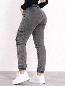 Women's High-Waisted Cargo Jeans, Jogger Style, Skinny, Shaping, Casual With Side Pockets - 大理石紋水洗 - 查看 3
