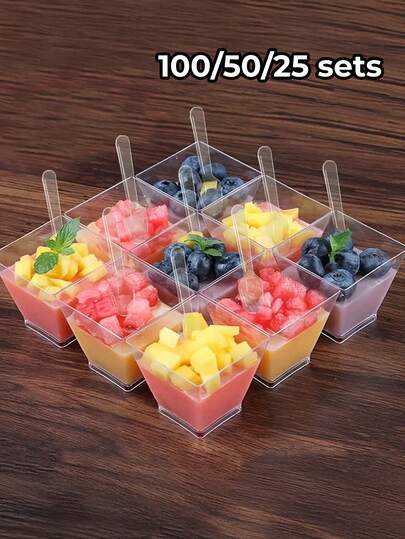 100/50/25/5pcs Set 2oz/60ml Mini Reusable Dessert Cups (With Small Spoons), Ideal For Pudding, Jelly, Sauce, Ice Cream And Other Desserts, Perfect For Parties, Weddings, Birthdays And Outdoor Events