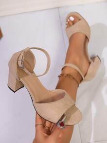 Giày sandal cao gót đế dày, mũi vuông/tròn, quai ngang khoét lỗ kiểu dáng mới của châu Âu và Mỹ cho mùa hè, giày cao gót thanh lịch dành cho nữ, màu xám cổ điển. - Màu kaki 1106-7 - Xem 2