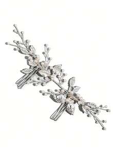 奢华银色珍珠水晶叶形发梳 | 优雅新娘头饰，适合婚礼等特殊场合 - 銀色 - 查看 3