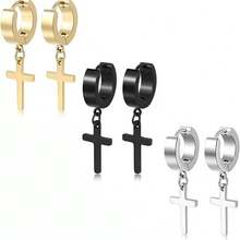 6pcs/Set Men's Stainless Steel Earring Set, Silver/Gold/Black, Cross, Pendant, Hoop Earrings - 3 Pairs Of Earrings - View 2