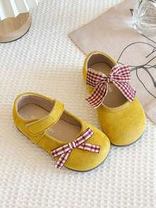 1双女童甜美蝴蝶结玛丽珍鞋，春秋季绒面软底公主鞋，儿童魔术贴浅口皮鞋 - 黃色 - 查看 5