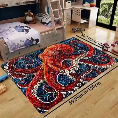 1pc/Set Deep Sea Octopus Carpet, 8mm Thick Soft Plush Bath Mat, Kitchen Floor Mat, Living Room Rug, Bedroom Carpet, Washable Entrance Doormat, Indoor Decorative Rug, Kitchen Floor Covering
