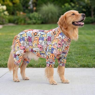 Dog Summer Shedding Hair Control Pajamas - Breathable High Stretch Full Coverage Pet Rompers, Summer Anti Licking & Bug Protective Jumpsuit For Medium Large Dogs, All Over Printing Dog Clothes - Cute Cartoon Colorful Dog Pattern