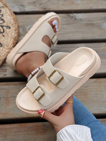 Women's Double Buckle Platform Slide Sandals - Casual Open Toe Thick Sole Summer Slippers For Beach