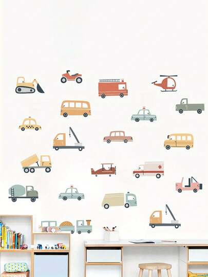 1 adet Sulu Boya Araba & Kamyon Vinil Duvar Çıkartması - Sevimli Renkli Kendinden Yapışkanlı Ev Dekorasyon Çıkartması, Yatak Odası, Oturma Odası, Giriş Holü İçin Uygundur