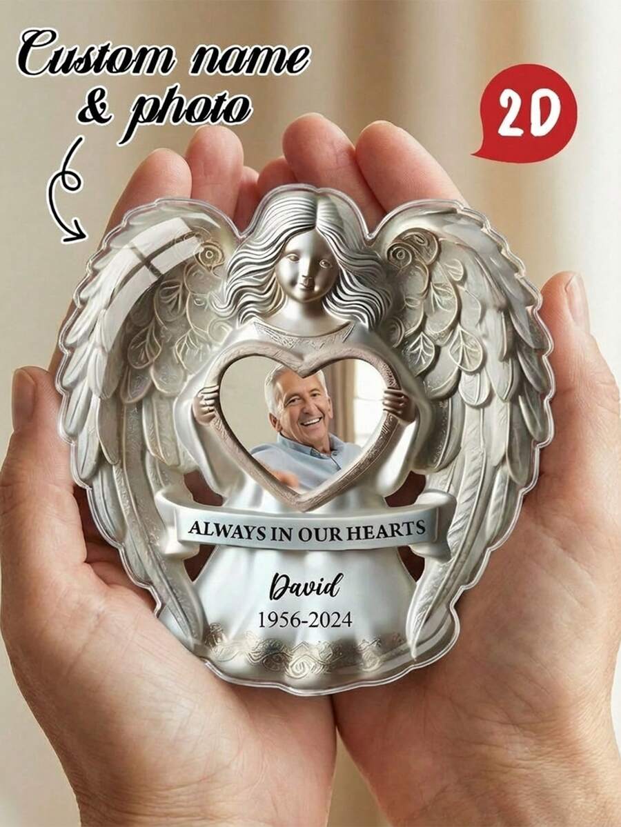 Personalized 2D Angel Heart Acrylic Plaque, Customized Photo And Name Memorial Commemorative Gift, "Forever In Our Hearts" Mourning Gift, Home Desktop Decor - Multicolor - View 1