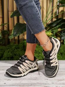 Women's Casual Sneakers, New Versatile Flat Slip-On Shoes, Fashionable Comfortable Lightweight Lace-Up Running Shoes, Breathable Round Toe Trainers - Dark Grey - View 6