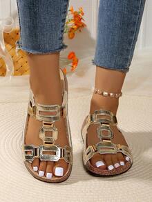 Giày sandal đế xuồng cỡ lớn dành cho nữ, đế mềm mại, khóa kim loại thoải mái, kiểu dáng casual, đế dày, hở mũi, thích hợp đi bộ ngoài trời, hàng mới xuất nhập khẩu. - Vàng - Xem 4