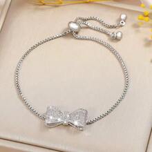 1pc Rhinestone Bow Adjustable Bracelet, Fashionable Luxury Copper Silver Bracelet Suitable For Women's Daily, Party, Anniversary Gift, Jewelry Gift - Silver - View 4