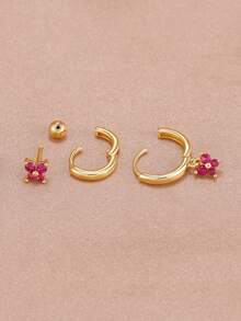 Conjunto de aretes elegantes y de moda con cristales para mujeres - 3 piezas - Oro - Ver 4