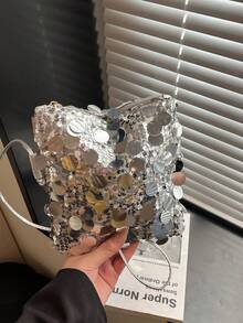 1个绗缝亮片翻盖PVC零钱包，时尚闪亮亮片手拿包，女士派对活动包，新款时尚链条斜挎包，闪亮亮片独特单肩包，适合女士宴会和派对出席 - 彩色 - 查看 3