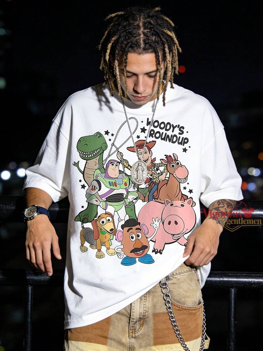 Disney Retro  Family Portrait Print T-Shirt Men American Casual Heavyweight Cotton Tee - 白色 - 查看 1