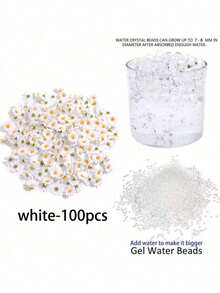 100朵人造雏菊和5000颗水珠套装，可用于花瓶装饰、花瓶填充、漂浮蜡烛中心装饰、DIY婚礼装饰、情人节装饰、主题派对、酒吧和餐厅装饰、家居装饰、房间装饰、玻璃花瓶装饰 - 白色小雛菊 - 查看 11