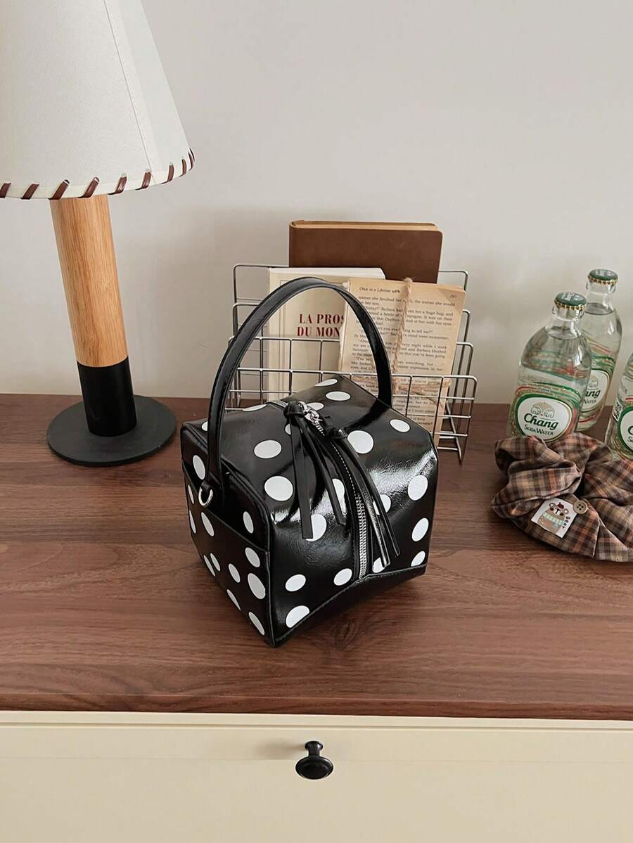 Fashionable Women's Handbag, Polka Dot Box Shaped Mini Crossbody Bag, Niche Design - Black - View 1