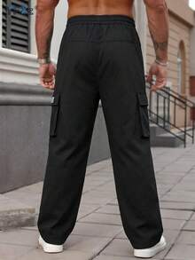 Plus Size Men's Spring/Autumn New American Style Durable Cargo Pants, Multi-Pocket Slimming Long Trousers - Black - View 2
