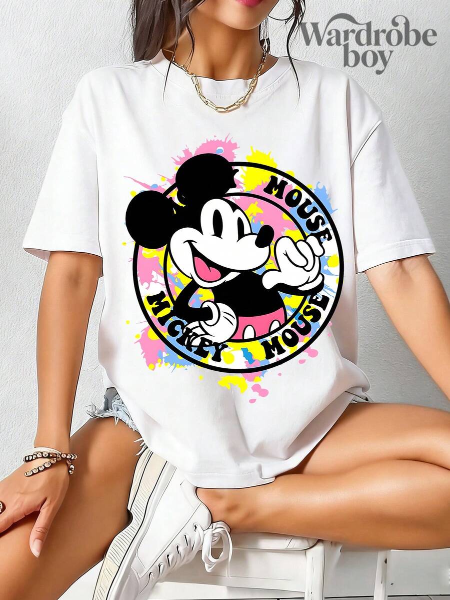 Disney 1PC Short Sleeved Round Neck Printed T-Shirt, Short Sleeved Cartoon MIQI Pattern Printed T-Shirt, 2026 New Model, Family Vacation Travel T-Shirt, Father's Day And Mother's Day T-Shirt, Parents' Gift, High-Quality Pure Cotton T-Shirt, Suitable For All Seasons, Comfortable And Breathable | Exquisite Design | The Best Choice For Giving Gifts - Trắng- - Xem 1