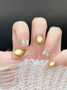 10pcs/Set Press On Nail Cap, Gold Plated Old Dream, Autumn Winter Marbled Butterfly Sparkly Glass Bead Cat Eye Nail Art, Handcrafted Wearable Nail Accessory - Multicolor - View 2