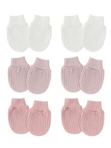 6双装婴儿针织防抓手套套装，纯棉透气粉白条纹，适合0-12个月婴儿 - 彩色 - 查看 6