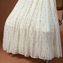 Chân váy midi chiffon chấm bi kiểu Pháp cổ điển dành cho nữ - Kiểu dáng mỏng nhẹ mùa hè, cạp cao co giãn, tôn dáng, chân váy dài xếp ly mùa xuân - Màu be - Xem 4