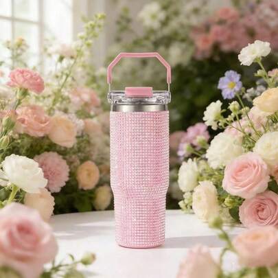 1pc 30oz Double-Wall Insulated Stainless Steel Tumbler With Spill-Proof Lid & Straw Hole - Vacuum Insulated Cup For Hot/Cold Drinks, Travel, Office, Camping, Car - Elegant Glittering Drinkware Gift For Women/Men (Pink/Black/Purple/), Office Hydration, Stylish Beverage Container, Durable Construction, Reusable Beverage Container, Outdoor Enthusiasts