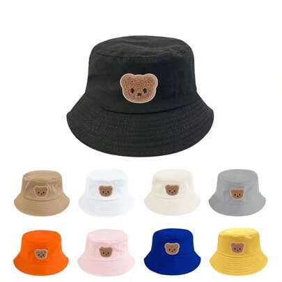 1pc Solid Color Bucket Hat With Bear Decor, Suitable For Spring And Summer
