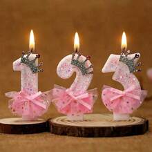 1支数字生日蜡烛，逼真公主裙蛋糕装饰蜡烛，派对氛围装饰配件，0-9粉色闪亮银色皇冠数字蜡烛，适用于生日蛋糕、圣诞节和其他场合 - 粉色 - 查看 3