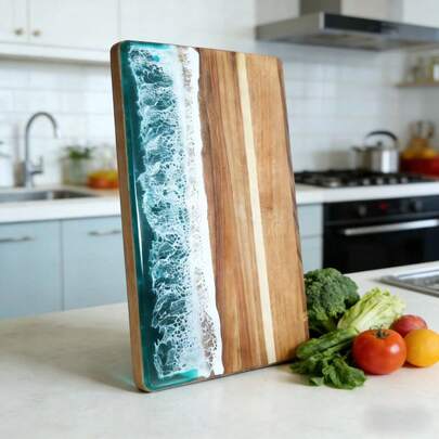 Planche à découper en bois d'acacia avec design de vague en résine, planche à découper polyvalente pour la viande, les légumes, les fruits, le fromage et la charcuterie, plateau de service élégant aux vibrations de l'océan vert, 14 x 9,8 pouces