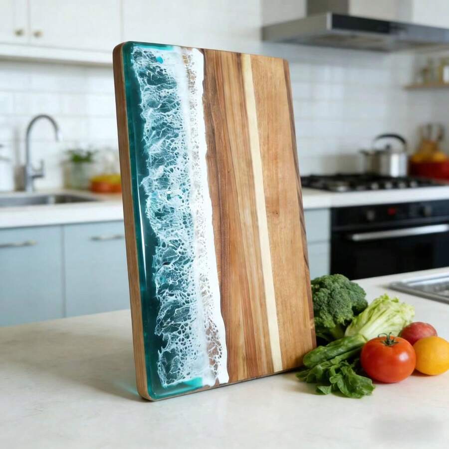 Thớt gỗ keo với họa tiết sóng nhựa, thớt nhà bếp đa năng dùng để thái thịt, rau củ, trái cây, phô mai và các loại đồ nguội, khay phục vụ trang nhã mang phong cách đại dương xanh, kích thước 14x9.8 inch. - màu xanh lá - Xem 1
