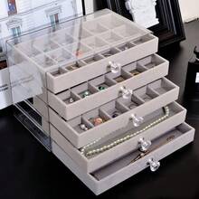 1 hộp đựng trang sức acrylic 5 tầng màu be, trong suốt, chống bụi, dung tích lớn, lót nhung chống trầy xước, thích hợp làm quà tặng Ngày của Mẹ, Ngày của Phụ nữ. - Năm lớp màu xám - Xem 2