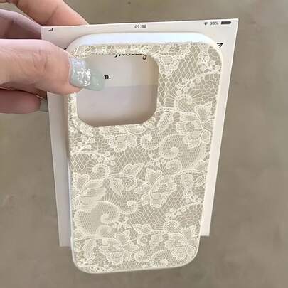 1pc White Lace Flower Painted Matte Litchi Texture Full Coverage TPU Shockproof Fashionable Phone Case Suitable Compatible With Apple 11 12 13 14 15 16 17 Pro Max, A56/55/54/53/52/51, S25/24/23/22/21 Series