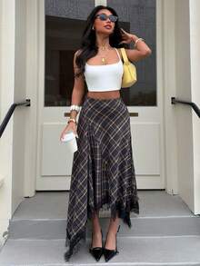 DEEKA Spring/Summer New Women's Fashion European & American Style Versatile Minimalist Plaid Lace Dress - Army Green - View 3